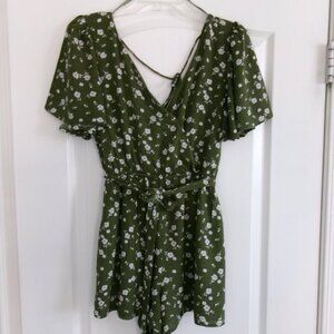 MIAMI Olive Army Green & White Floral Fit and Flare Romper S Surplice Tie Belt